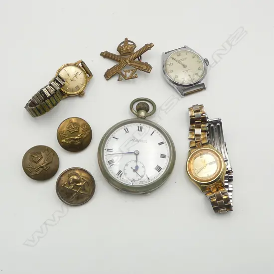 JAS PASCOE POCKET WATCH running + other watches faults + Military buttons + WWI NZ Machine gun Corps cap badge