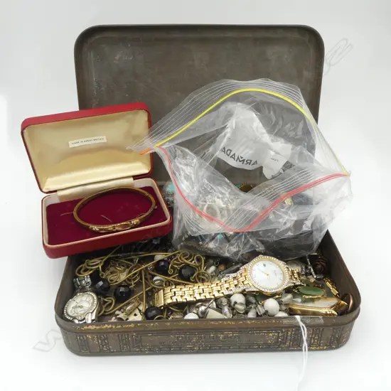 ASST. VINTAGE COSTUME JEWELLERY ETC in old BLUE BOY tin