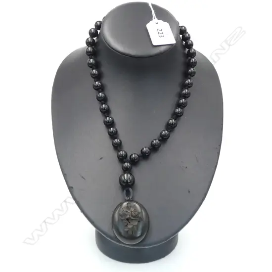 VICTORIAN JET MOURNING LOCKET on NECKLACE of BLK BEADS