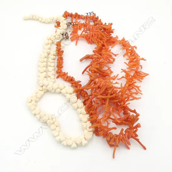3 NECKLACES; TWO RED CORAL, L.460mm & CARVED BONE BEAD, L.45 (clasp faulted)
