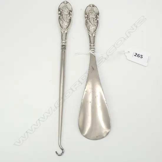 BUTTON HOOK & SHOE HORN w. STG SILVER HANDLES L.235mm