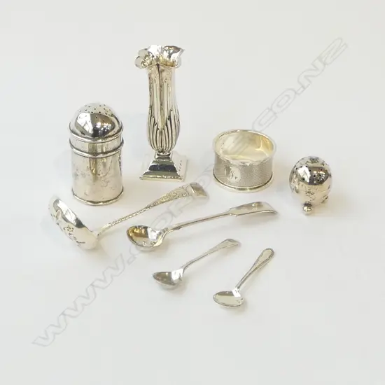 SILVER: 2 PEPPERETTES + 2 SPOONS + NAPKIN RING. 87gms + SILVER VASE plaster base + S/PLATE SPOON