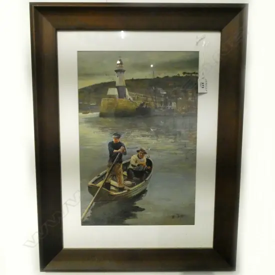 GOUACHE: BOATMEN & LIGHT HOUSE, SIGNED W. TIGLE. H.400, W.260mm (From the Estate of Tommy Doyle)