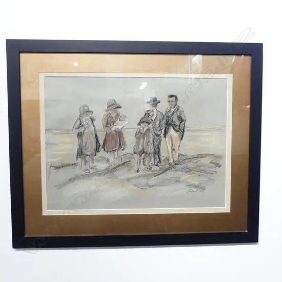 KATHLEEN BURT CHARCOAL AND PASTEL 'THREE GENERATIONS BEFORE ME EASTBOURNE BEACH c.1940' 480 x 650 info verso