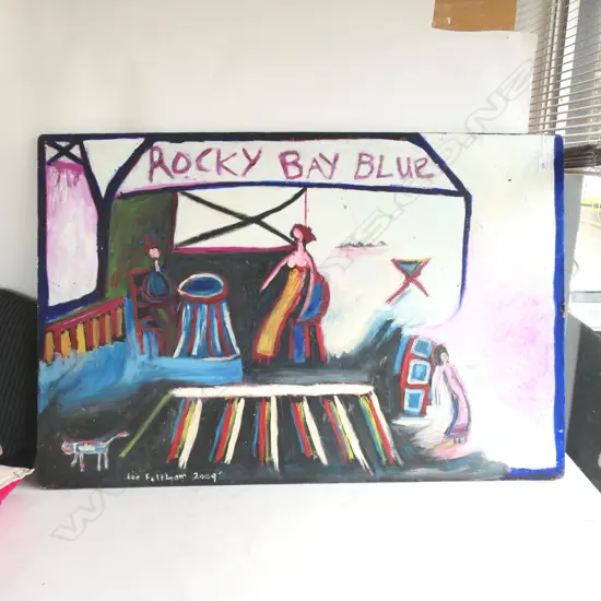 LEE FELTHAM, "ROCKY BAY BLUE", ACRYLIC ON BOARD, SIGNED & DATED 2009, 800 X 1220 MM, provenance below