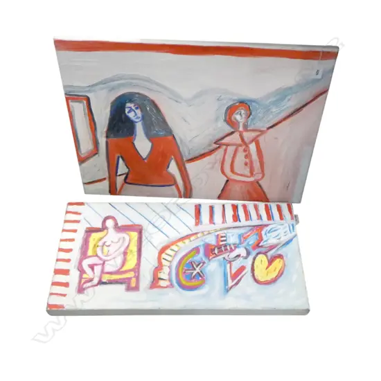 LEE FELTHAM, "GIRL ON YELLOW CHAIR" & " AVALANCHE", ACRYLIC ON CANVAS, ONE DAMAGED, LGST 460 x 610mm , provenance below