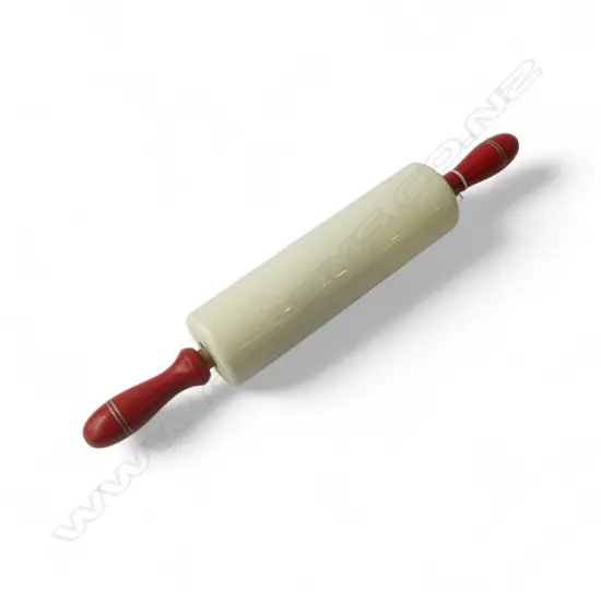 vintage ' MADE IN ENGLAND' 'NUTBROWN' CERAMIC ROLLING PIN with red painted wooden handles L.440mm