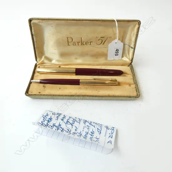 CASED PARKER '51' FOUNTAIN PEN SET w. WIDE 14ct NIB, BOTH ENGRAVED D. DICKINSON