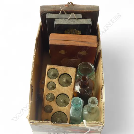 4 ANTIQUE GLASS BOTTLES, SCALE WEIGHT SET, 4 WAX PANELS, etc