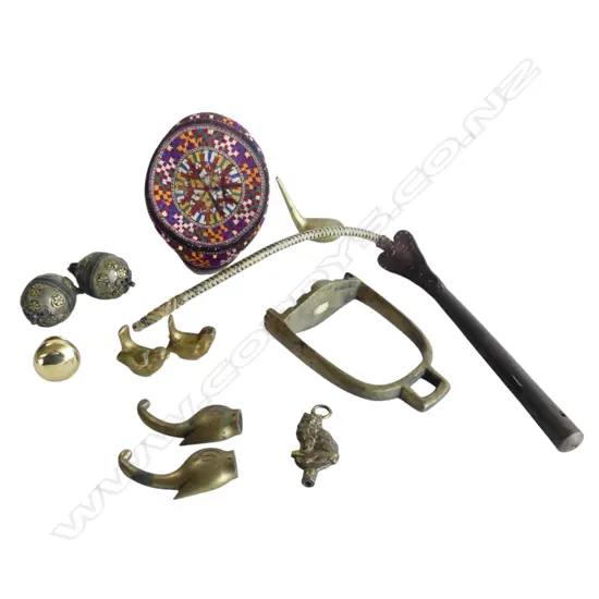 COLLECTION OLD TRIBAL BRASS + STOCK WHIP: Stirrup + birds + elephant head + stitched fez cap + golf club paperweight etc