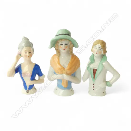 3 OLD HALF HEAD DOLLS: ! ART DECO + 1 marked Deutschland + blue blouse