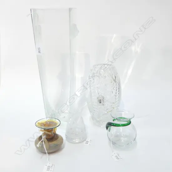 5 GLASS VASES, VARYING SIZES, TALLEST 390mm