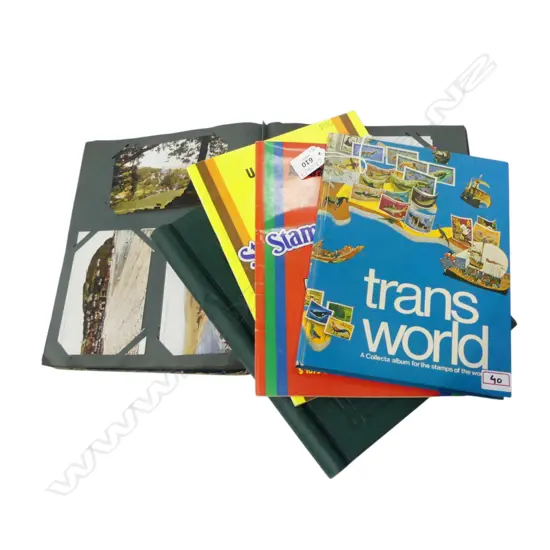 POSTCARD ALBUM, 2 STAMP ALBUMS, 2 TASMAN STAMP CATALOGUES