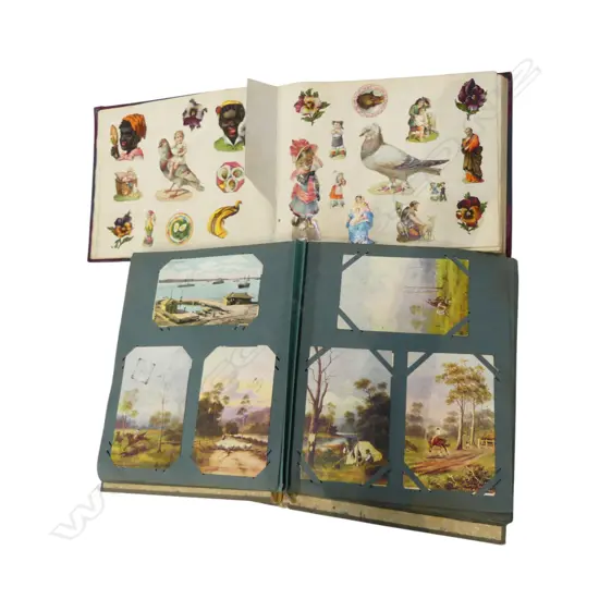 EARLY 20thC POSTCARD ALBUM + SCRAP BOOK w. STAMPS (1/4 FULL)