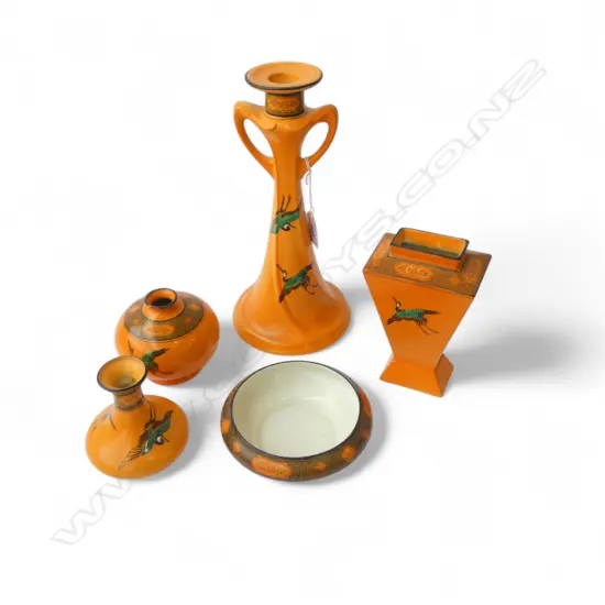 3 SHELLEY CHINA VASES BOWL & CANDLESTICK H265MM ORANGE COLOURWAY