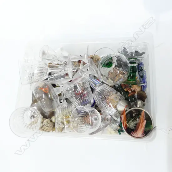 CARVED STONE ANIMAL TRINKETS, CRYSTAL DRINKING GLASSES ETC