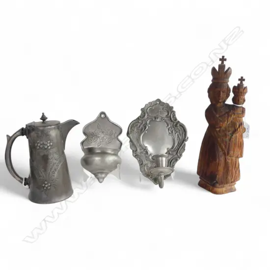 GERMAN PEWTER STOUP, JUG, SCONCE & VINTAGE WOODEN RELIGIOUS FIGURE H.290mm