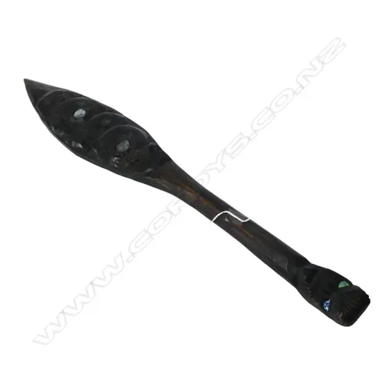 VINTAGE MAORI CARVED SMALL PADDLE old dark stained finish + paua disc inserts L.700mm blade carved front & back