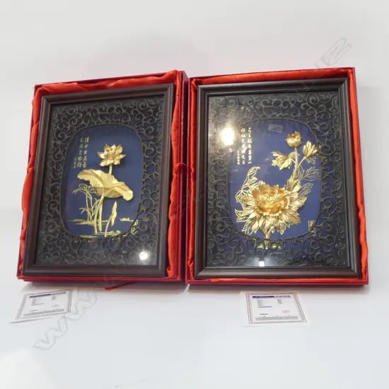 PR CHINESE GOLD FLORAL ARTWORKS, w. CERTIFICATES & BOXED 280x210mm