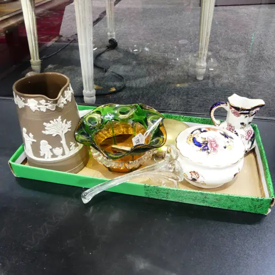 2 WEDGWOOD PCES + MASON'S + OLD PEACOCK GLASS BOWL ETC