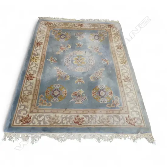 CHINESE SCULPTED PILE HAND KNOTTED RUG butterflies & florals on pale blue a couple of marks. 2200 x 1500mm