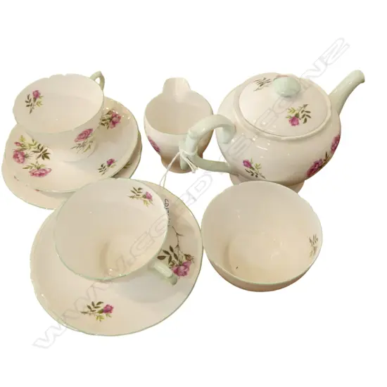 SHELLEY CHINA TEASET 2CSPS TEAPOT C/SUGAR PINK FLOWER PAT