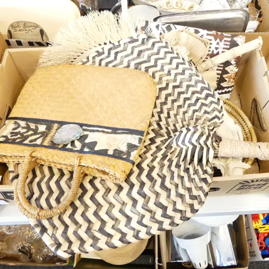 TRAY OF CORALS SHELLS TAPA CLOTH & FIBER FANS ETC