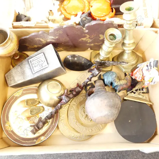 NETSUKE STAND, BRASS CANDLEHOLDERS, PLAQUES, ORIENTAL PLATES, VASE, VESSEL ETC 