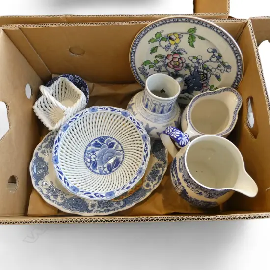 COLLECTION (BOX) MAINLY BLUE & WHITE CERAMICS: Spode Italian jug + English imari like plate etc