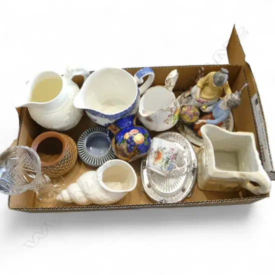 COLLECTION (BOX) OF CHINA ETC: Tunstall 'Autumn' vase + crystal vase + jugs etc