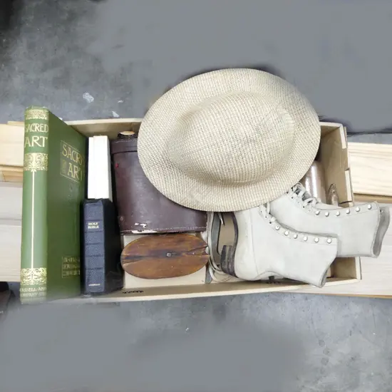 TRAY MISC BOOKS BINOCULARS ICE SKATES HAT ETC