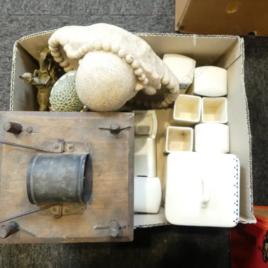 BOX OF ASST. INCLUDING ORIENTAL, VINTAGE CERAMIC GERMAN STORAGE JARS, etc