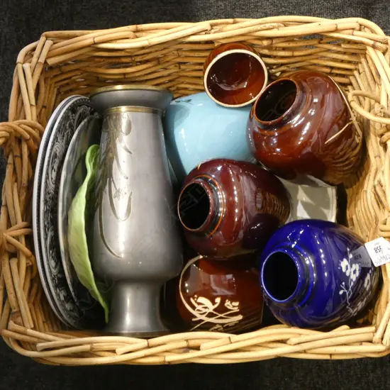 ASST. CHINA IN BASKET, 5 GINGER JARS ALL w. LIDS, PEWTER VASE ETC