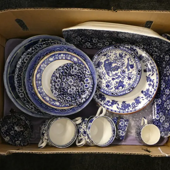 BOX OF BLUE & WHITE CHINA: 'CALICO BURLEIGH' + SOME OLD ORIENTAL ETC