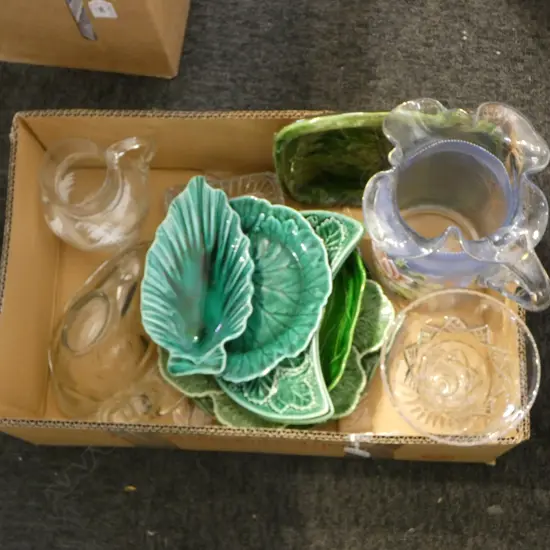 BOX OF GLASS WARE & GREEN MAJOLICA TYPE POTTERY: Tony Sly dish + leaf dishes + painted Victorian glass + rabbit jelly...