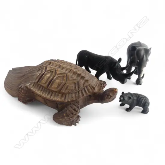 4 CARVED ANIMALS; CEDAR WOOD MYTHICAL MINOGAME TURTLE L440mm & BEAR, RHINOCEROUS & ELEPHANT