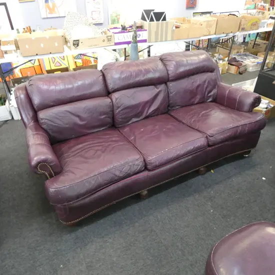 (vendor to collect Tuesday 12th) LEATHER SOFA, WEAR & HOLES W.2050mm