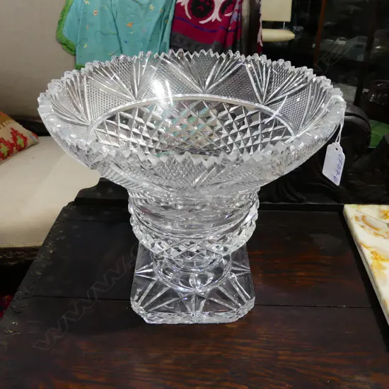 EARLY 20thC LARGE CUT CRYSTAL PEDESTAL VASE flared top. Square foot H.235mm. Dia.255mm. Minor faults