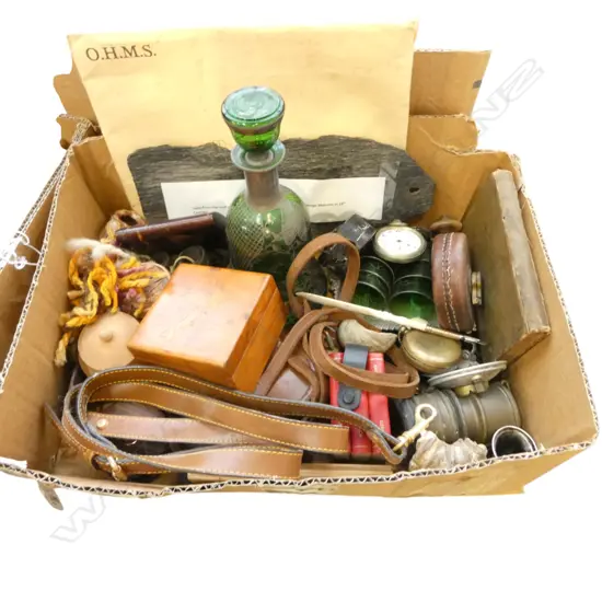 ASST. ITEMS; GREEN DECANTER & 6 GLASSES ETC
