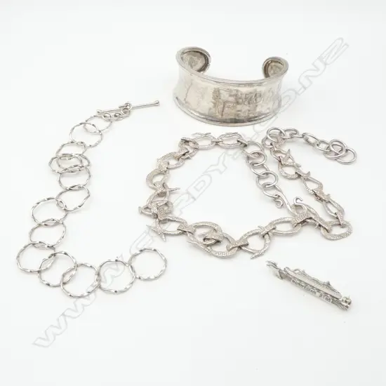 4 SILVER PCS; NECKLACE, CUFF, BROOCH & BRACELET