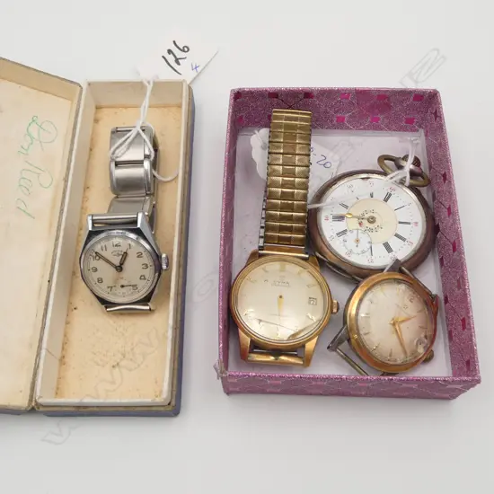 4 OLD WATCHES: Rotary gent's mid-size in box running + Cyma running hands loose + Eternamatic running no strap + other  