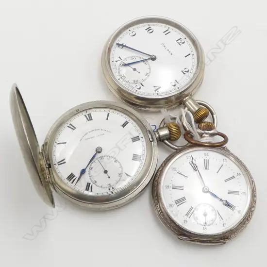 3 POCKET WATCHES 2 PLATED GENT'S : Salden + 'Stewart Dawson & Co. Ltd. Empire Lever' + European silver case. All running