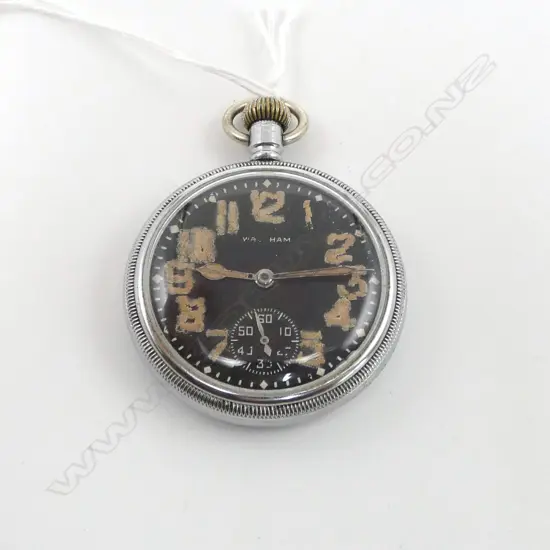WALTHAM MILITARY MARKED POCKET WATCH open face black dial. Running