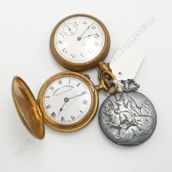 3 PLATED GENT'S POCKET WATCHES: 'Superior Timekeeper' + 'Ansonia' + 'Elgin'. All running