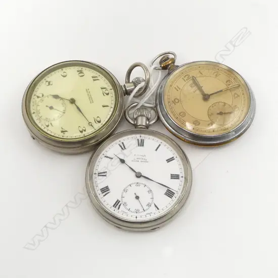3 PLATED GENT'S POCKET WATCHES: 'CYMA' + 'UMF RUHLA SATURN' + 'W. ROBERTS NEW PLYMOUTH'.  All running