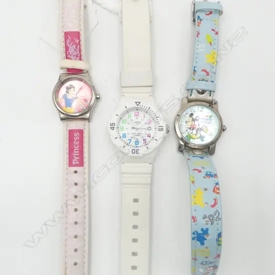 3 GIRLS WRISTWATCHES MICKEY MOUSE SNOW WHITE  & CASIO WHITE STRAP