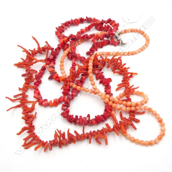3 CORAL NECKLACES, 2 RED BRANCH, L.400, 800mm & ANGEL SKIN BEAD ? , L.600mm