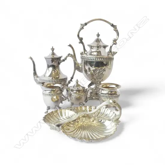 6 PCES EP; SPIRIT KETTLE, TRAY, COFFEE POT, MILK JUG, 2 SUGAR BOWLS