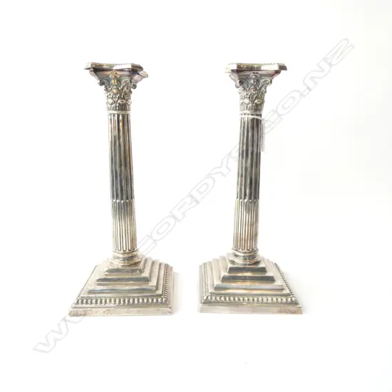 PR OF SHEFIELD PLATE COLUMN CANDLESTICKS H290MM