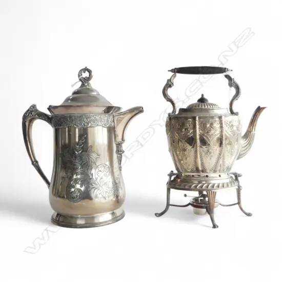 LGE C.1900 SILVER PLATE JUG (enamel lined interior) h,320mm + SPIRIT KETTLE with burner
